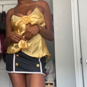 Y2k belle satin yellow babydoll lingerie top with rose detail